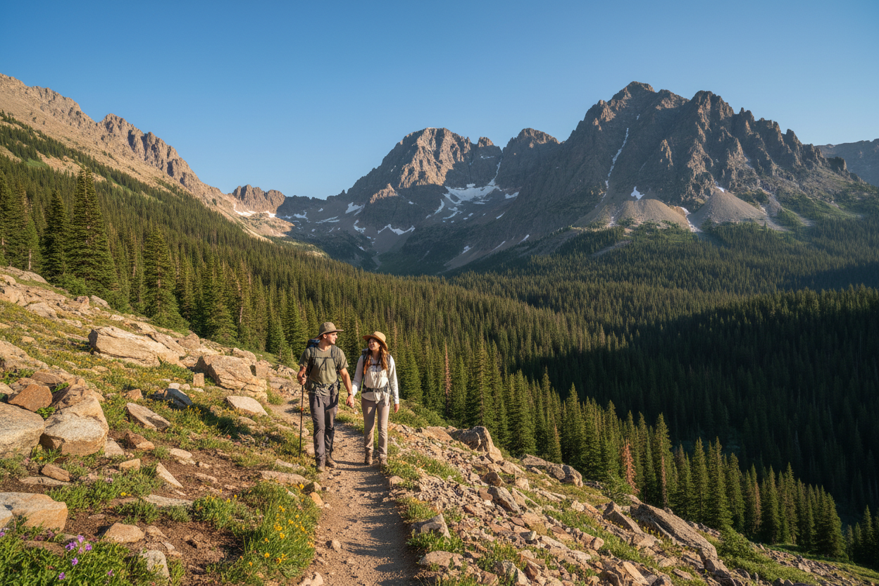 a couple hiking in the rocky mountains